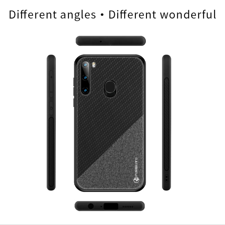 For Galaxy A21 PINWUYO Rong Series  Shockproof PC + TPU+ Chemical Fiber Cloth Protective Cover(Brown)