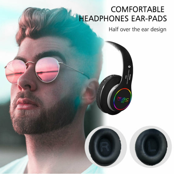 VJ033 Multi-function Upgrade Bluetooth 5.0 Headset Stereo Wireless LED Microphone FM Radio Headset(Black)