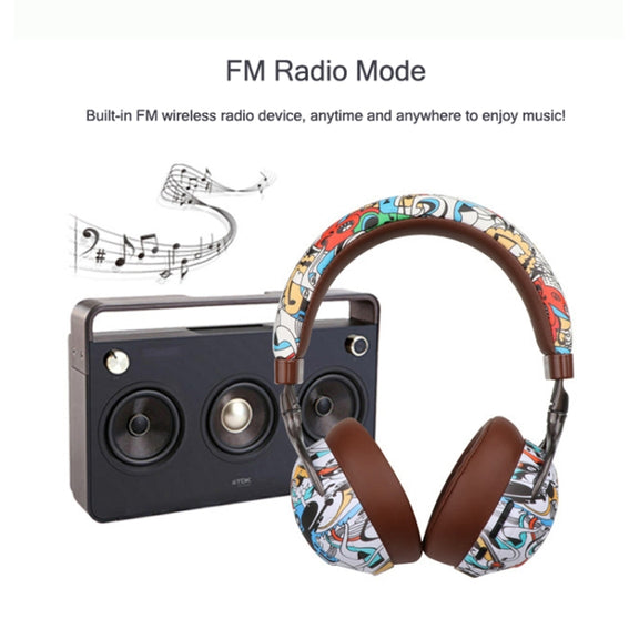 VJ086 Graffiti Headset Wireless Sports Bluetooth Headset Water Transfer Color Print Headset, Support TF, FM(Black+White)