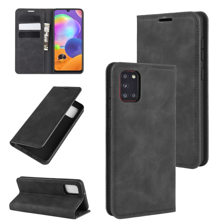 For Galaxy A31 Retro-skin Business Magnetic Suction Leather Case with Holder & Card Slots & Wallet(Black) - free shipping - PMC TechLife - Order now!