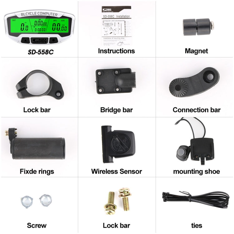 SUNDING SD-558C Bicycle Computer Wireless Digital LCD Backlight Road Speedometer Stopwatch Speedometer