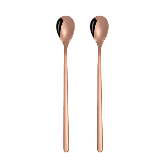 2 PCS Stainless Steel Spoon Creative Coffee Spoon Bar Ice Spoon Gold Plated Long Stirring Spoon, Style:Round Spoon, Color:Rose Gold