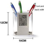 Transparent Desk Clock Pencil Holder Removable Desktop Table Digital Clock