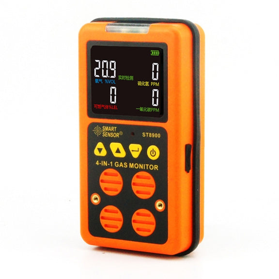 ST8900 4 in 1 Toxic Gas CO Carbon Monoxide Detector Hydrogen Sulfide H2S Oxygen Combustible Gas Test LCD Display Monitor, Sound Light Vibration Alarm, CN Plug