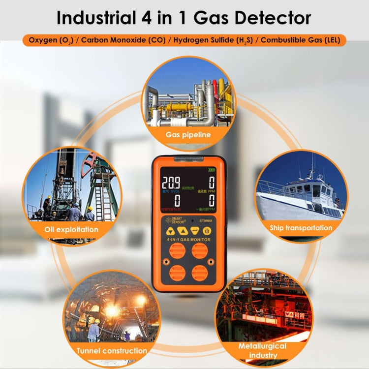 ST8900 4 in 1 Toxic Gas CO Carbon Monoxide Detector Hydrogen Sulfide H2S Oxygen Combustible Gas Test LCD Display Monitor, Sound Light Vibration Alarm, CN Plug