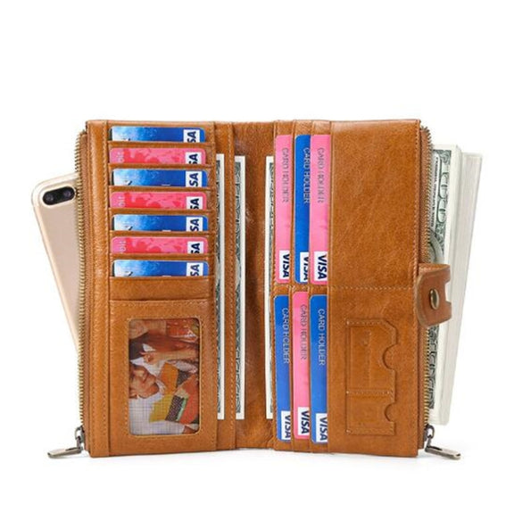 Ladies Genuine Leather Long Wallet Anti-theft Card Bag Multifunctional Clutch Bag(Red)