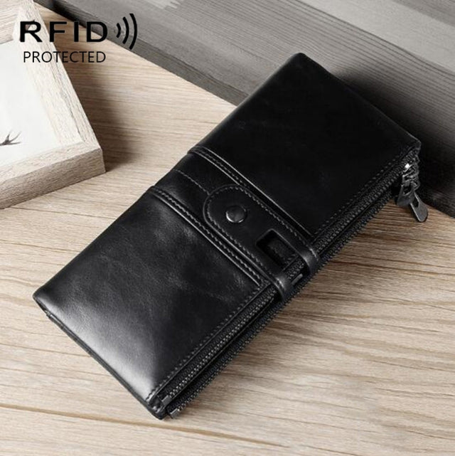 Ladies Genuine Leather Long Wallet Anti-theft Card Bag Multifunctional Clutch Bag(Black)