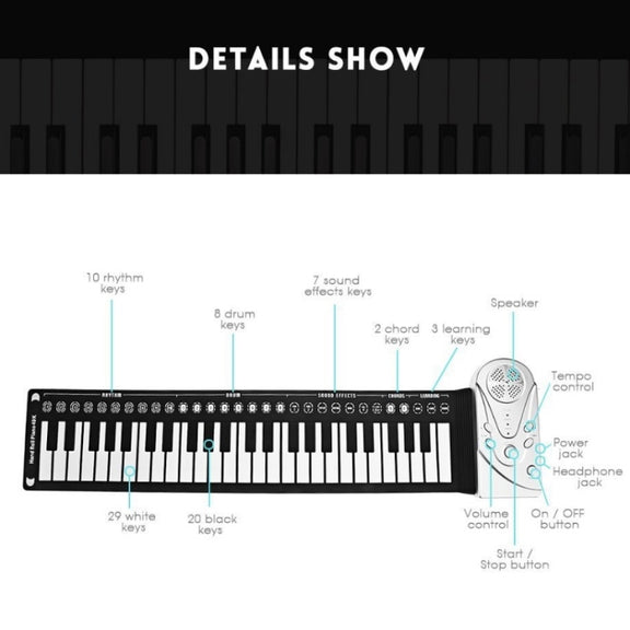 49-Key Portable Hand-Rolled Piano With Horn Children Beginners To Practice Electronic Piano(Elegant Black)