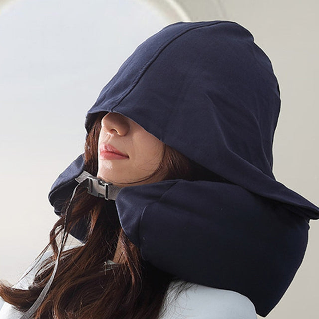 Portable Airplane Travel U-shaped Hooded Pillow Nap Time Neck Pillow(Navy Blue)