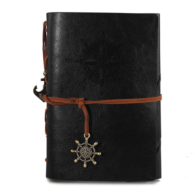 Spiral Notebook Diary Notepad Vintage Pirate Anchors PU Leather Stationery Gift Traveler Journal, Paper Size:L(Black)
