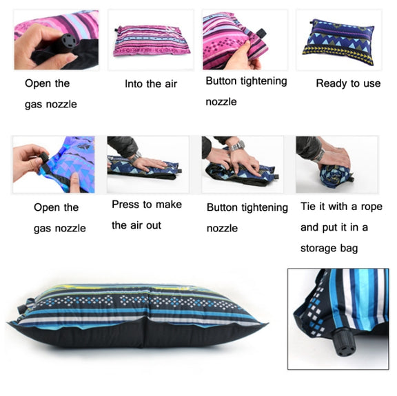 Portable Ethnic Style Automatic Inflatable Pillows Outdoor Camping Tent Camping Equipment Car Travel Pillows(Gray Blue Print)