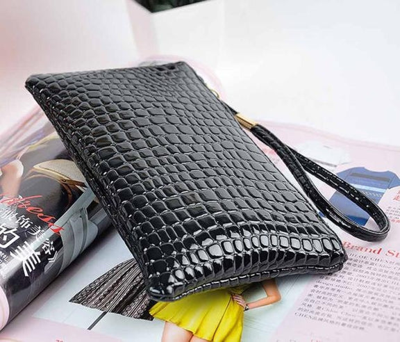 Fashion Long Crocodile Pattern Ladies Clutch Wallet(Black)