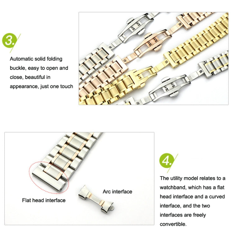 17mm Steel Bracelet Butterfly Buckle Five Beads Unisex Stainless Steel Solid Watch Strap, Color:Silver