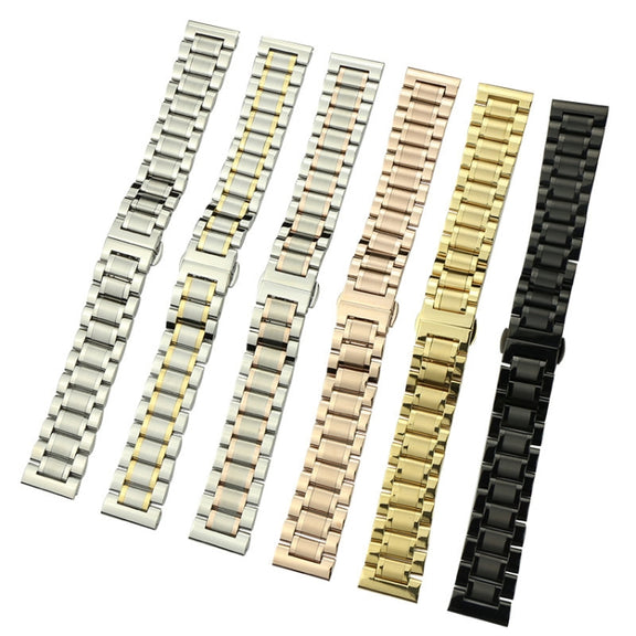 19mm Steel Bracelet Butterfly Buckle Five Beads Unisex Stainless Steel Solid Watch Strap, Color:Silver