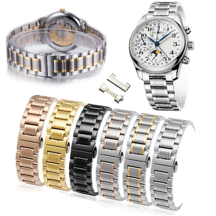 19mm Steel Bracelet Butterfly Buckle Five Beads Unisex Stainless Steel Solid Watch Strap, Color:Silver
