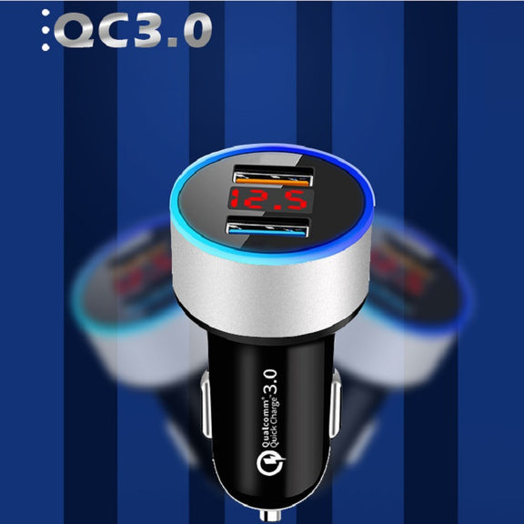 2 PCS Aluminum Ring Display Car Charger  QC3.0+2.4A Aluminum Alloy Multi-function Halo Digital Display Car Charger(Gold)