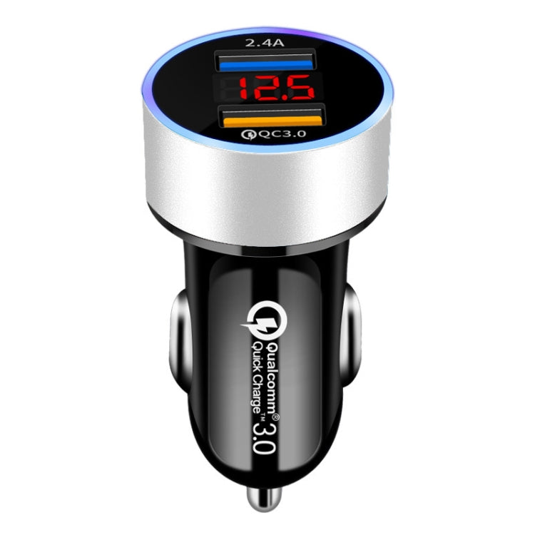 2 PCS Aluminum Ring Display Car Charger  QC3.0+2.4A Aluminum Alloy Multi-function Halo Digital Display Car Charger(Snow Silver)