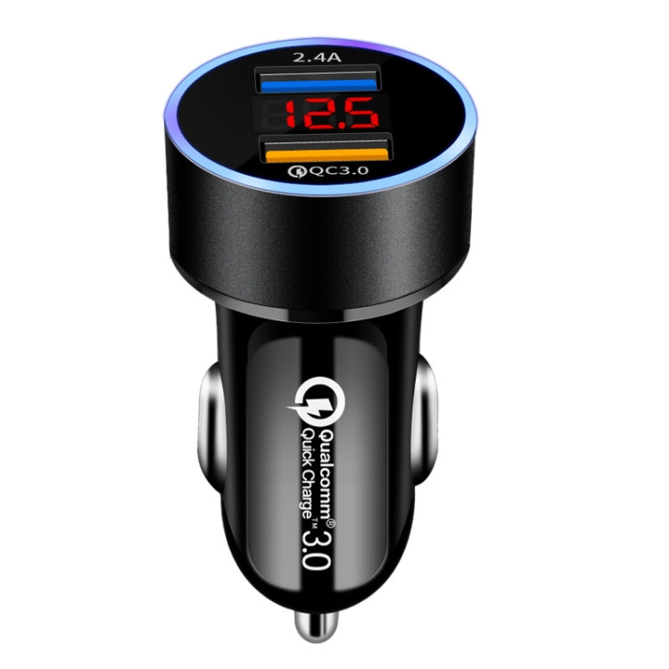 2 PCS Aluminum Ring Display Car Charger  QC3.0+2.4A Aluminum Alloy Multi-function Halo Digital Display Car Charger(Elegant Black) - Car Charger by PMC TechLife | Online Shopping South Africa | PMC TechLife