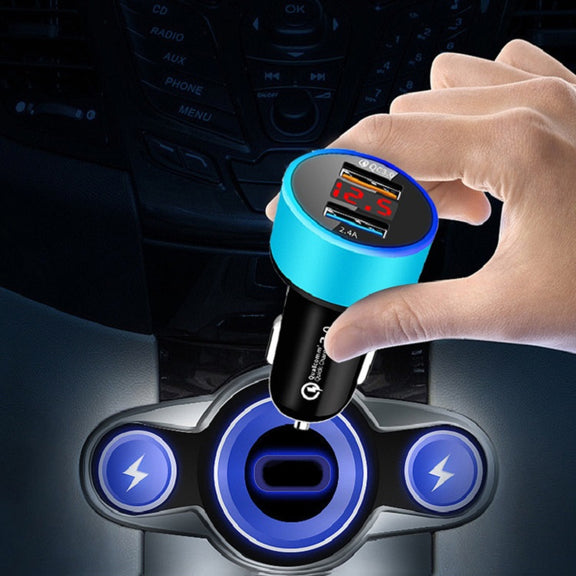 2 PCS Aluminum Ring Display Car Charger  QC3.0+2.4A Aluminum Alloy Multi-function Halo Digital Display Car Charger(Sapphire Blue)