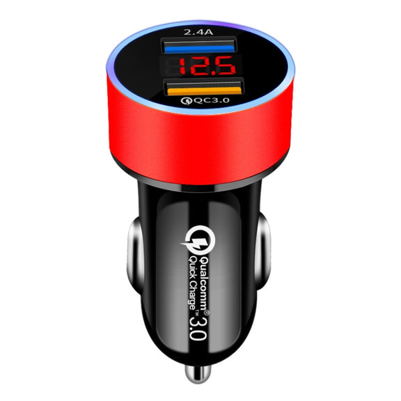 2 PCS Aluminum Ring Display Car Charger  QC3.0+2.4A Aluminum Alloy Multi-function Halo Digital Display Car Charger(Champagne Red)