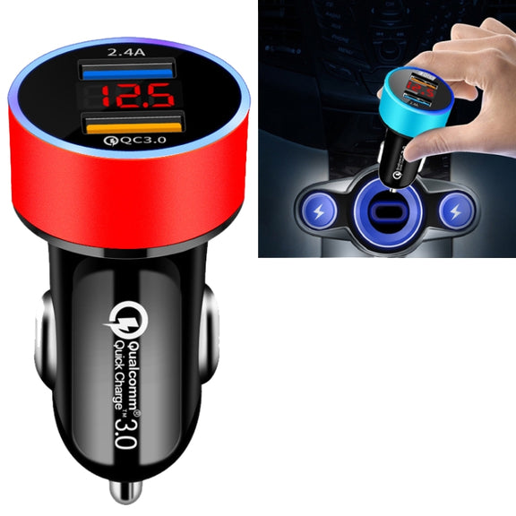 2 PCS Aluminum Ring Display Car Charger  QC3.0+2.4A Aluminum Alloy Multi-function Halo Digital Display Car Charger(Champagne Red)