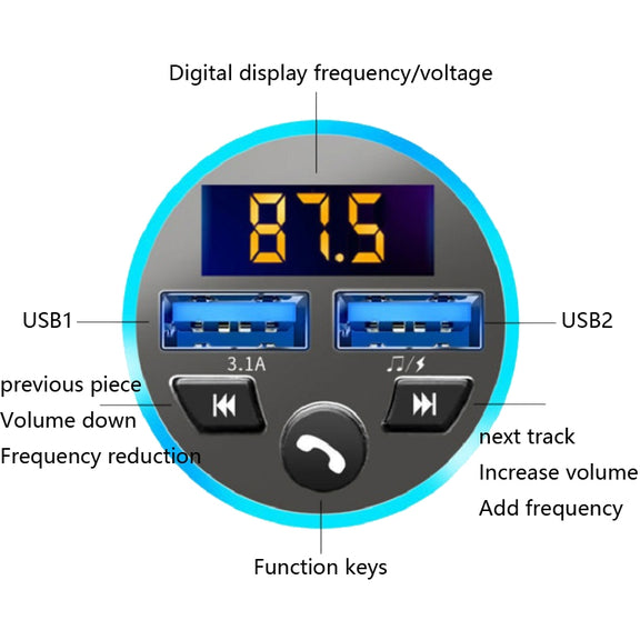 Halo Car MP3 Bluetooth Player Car Charger Car FM Transmitter 3.1A Car Charger(Snow Silver)