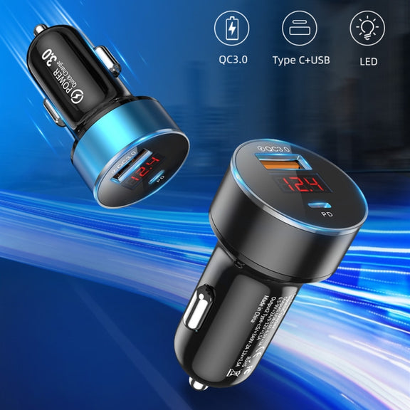 Aluminum Alloy Digital Display PD+QC3.0 Car Charger Multifunctional Car Charger( Gold)