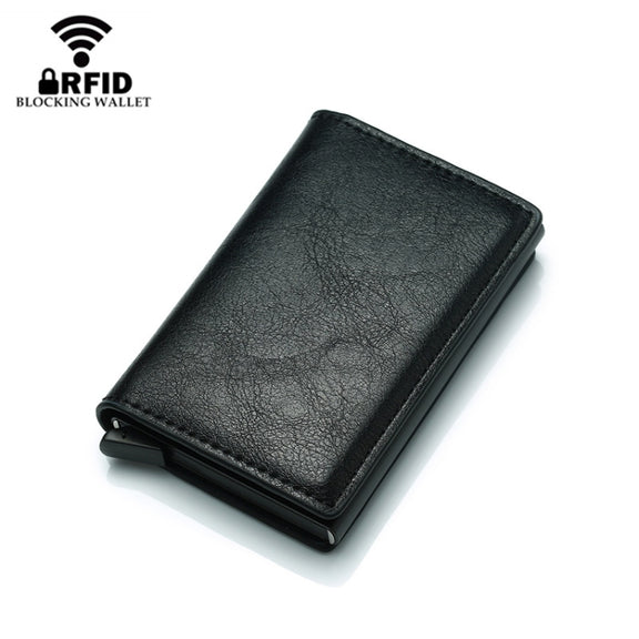 Automatic Elastic Card Type Anti-magnetic RFID Anti-theft Retro Card Package Universal Leather Metal Wallet(Black)