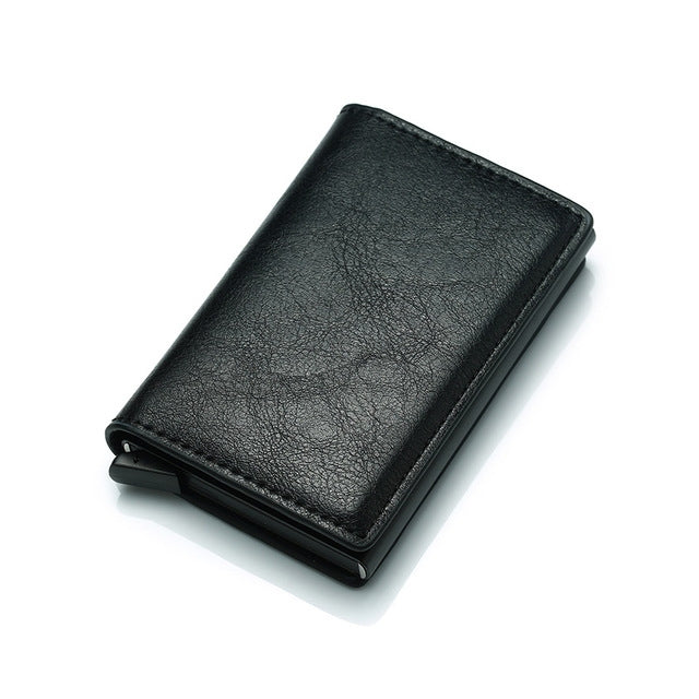 Automatic Elastic Card Type Anti-magnetic RFID Anti-theft Retro Card Package Universal Leather Metal Wallet(Black)