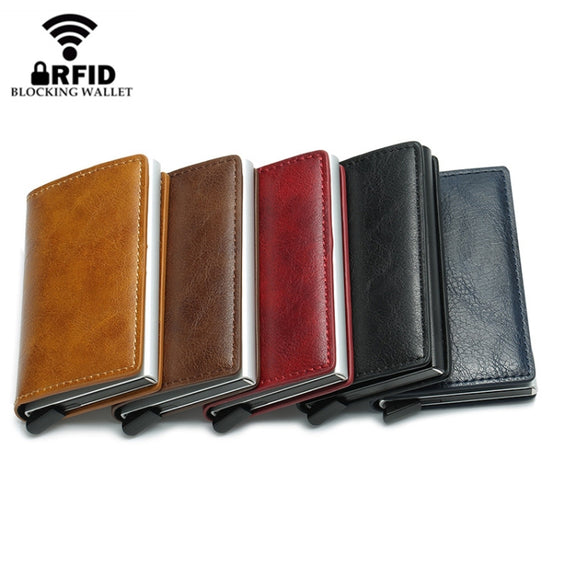 Automatic Elastic Card Type Anti-magnetic RFID Anti-theft Retro Card Package Universal Leather Metal Wallet(Black)