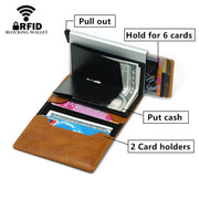 Automatic Elastic Card Type Anti-magnetic RFID Anti-theft Retro Card Package Universal Leather Metal Wallet(Blue)