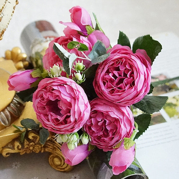 5 PCS Artificial Rose Flowers Small Bouquet Flores Home Party Wedding Fake Flower Decoration(Pink and Magenta)