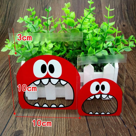100 PCS Cute Big Teech Mouth Monster Plastic Bag Wedding Birthday Cookie Candy Gift OPP Packaging Bags, Gift Bag Size:10x10cm(Pink)