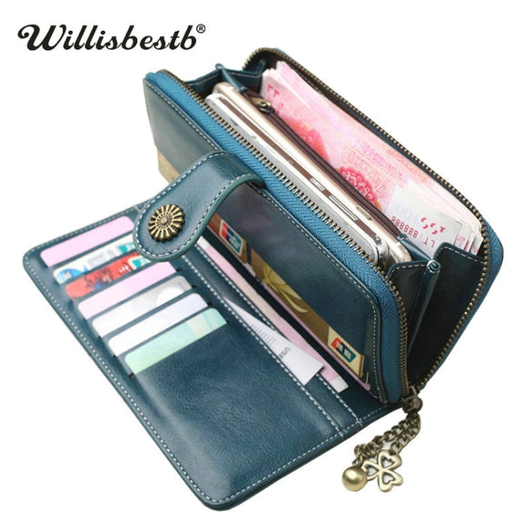 Vintage Button Phone Purses Women Wallets Female Purse Leather Brand Retro Ladies Long Zipper Woman Wallet Card Clutch(Long yellow)
