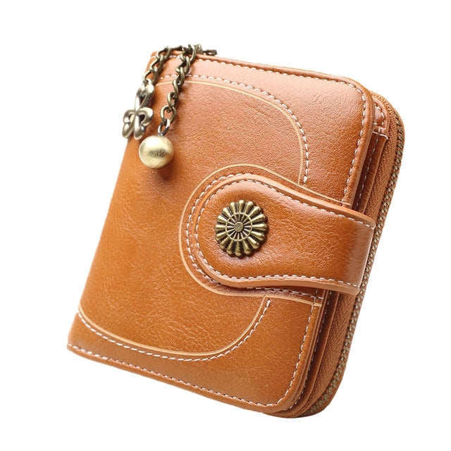 Vintage Button Phone Purses Women Wallets Female Purse Leather Brand Retro Ladies Long Zipper Woman Wallet Card Clutch(Short brown)