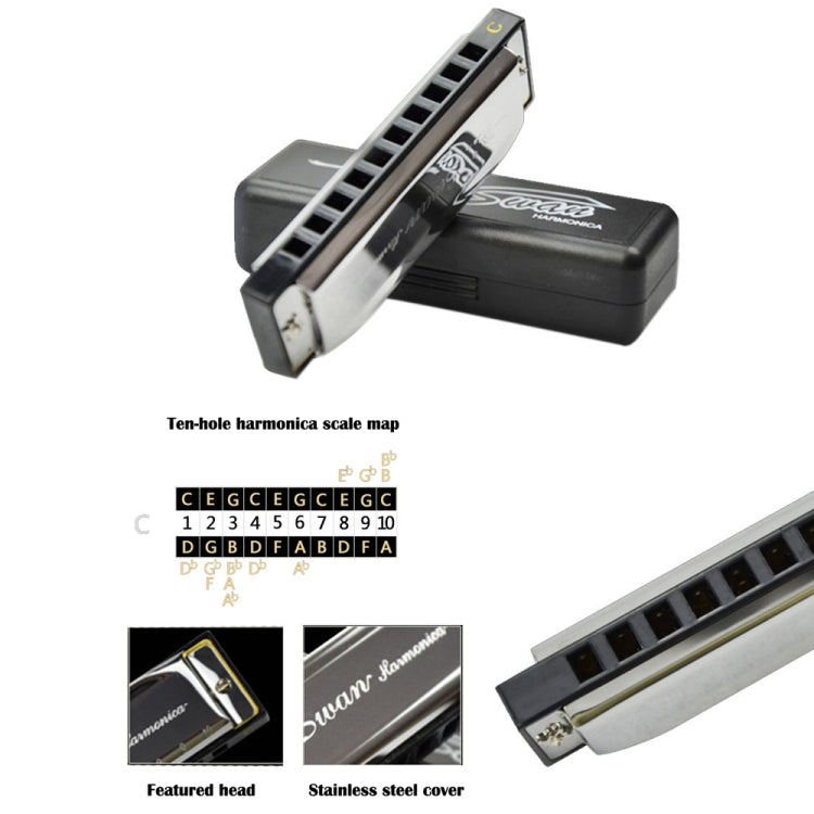 Swan 10 Holes Full-scale Bruce Harmonica Beginner Children Adult Students Playing Musical Instruments - Wind Instruments by PMC TechLife | Online Shopping South Africa | PMC TechLife