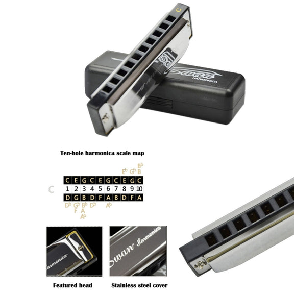 Swan 10 Holes Full-scale Bruce Harmonica Beginner Children Adult Students Playing Musical Instruments