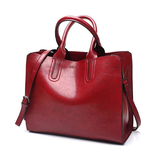 Leather Handbags Big Women Bag Casual Female Bags Trunk Tote Shoulder Bag Ladies Large Bolsos, Color:Burgundy