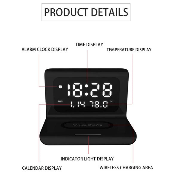 RT1 10W QI Universal Multi-function Mobile Phone Wireless Charger with Alarm Clock & Time / Calendar / Temperature Display(White)