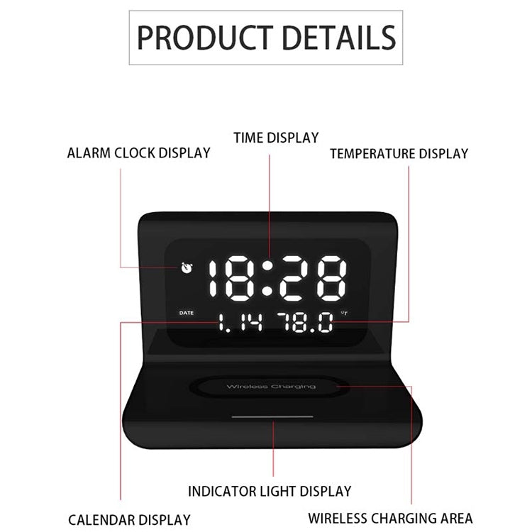 RT1 10W QI Universal Multi-function Mobile Phone Wireless Charger with Alarm Clock & Time / Calendar / Temperature Display(White)