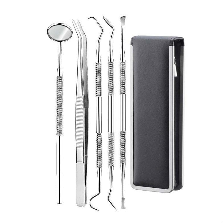 5 in 1 Steel Side Leather Case Stainless Steel Dental Tools Dental Care Tartar Tool Dentist Tool Set - Dental Tools by PMC TechLife | Online Shopping South Africa | PMC TechLife