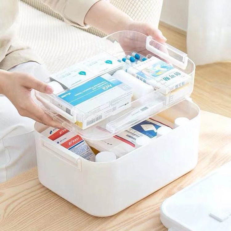 Household Portable Cosmetic Finishing Storage Box Large-capacity Family Safety Emergency Storage Box Double-layer Medicine Case, Size:S-24x16.5x16cm(White)