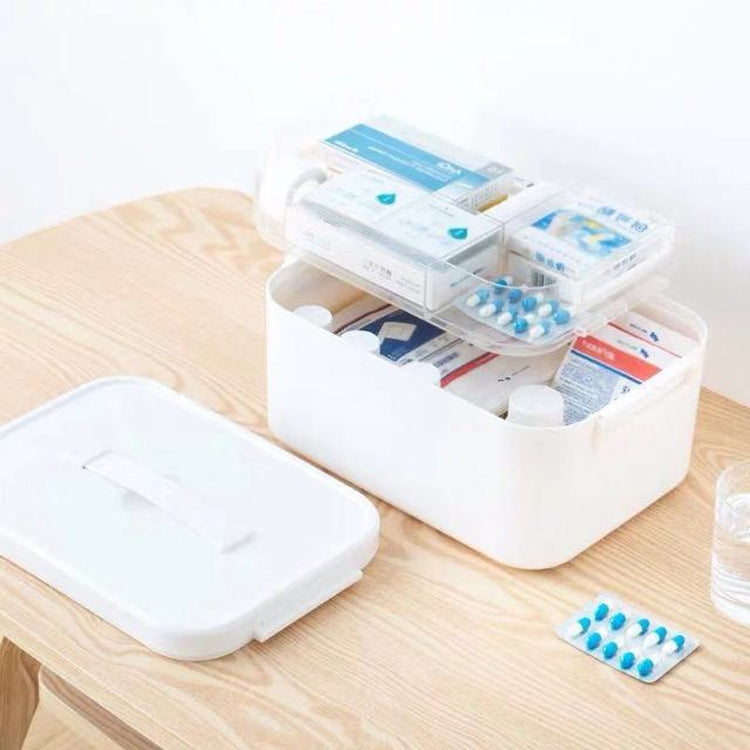 Household Portable Cosmetic Finishing Storage Box Large-capacity Family Safety Emergency Storage Box Double-layer Medicine Case, Size:S-24x16.5x16cm(White)