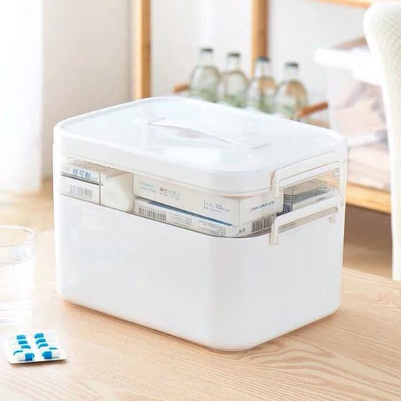 Household Portable Cosmetic Finishing Storage Box Large-capacity Family Safety Emergency Storage Box Double-layer Medicine Case, Size:S-24x16.5x16cm(White)