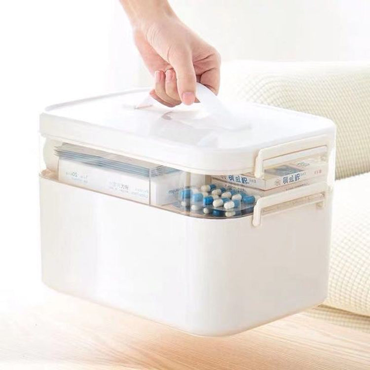 Household Portable Cosmetic Finishing Storage Box Large-capacity Family Safety Emergency Storage Box Double-layer Medicine Case, Size:S-24x16.5x16cm(White)