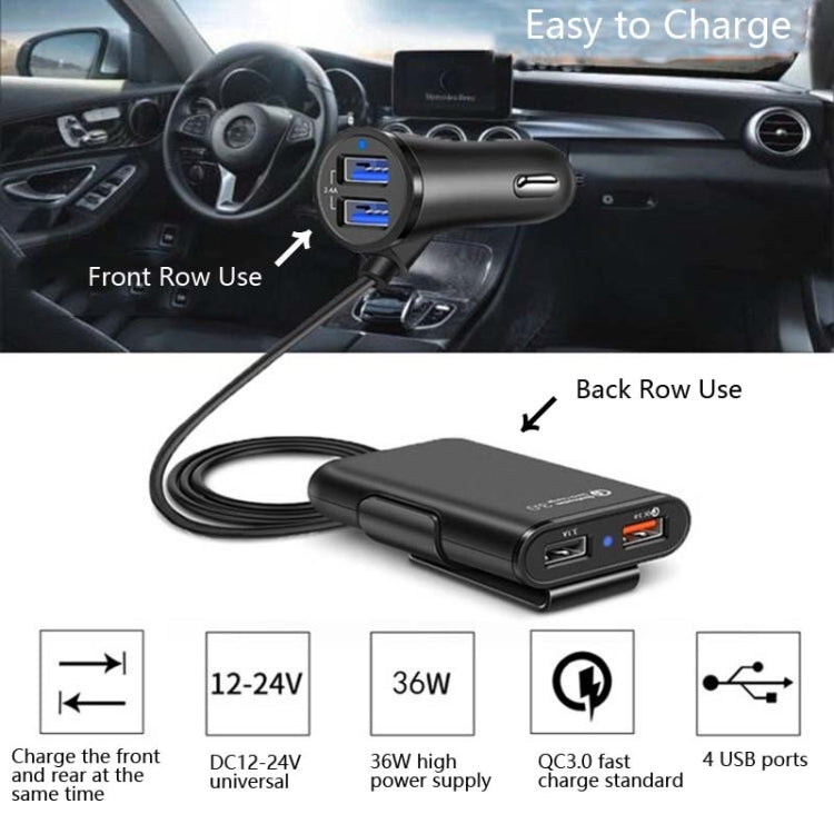 One For Four 8A Car Charger QC3.0 Fast Charge 4USB Car Front And Rear Seat Car Charger - Car Charger by PMC TechLife | Online Shopping South Africa | PMC TechLife