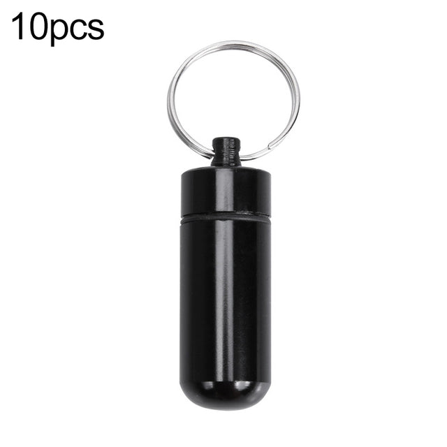 10pcs Portable Sealed Water-resistant Aluminum Alloy First Aid Pill Bottle with Keychain(Black)