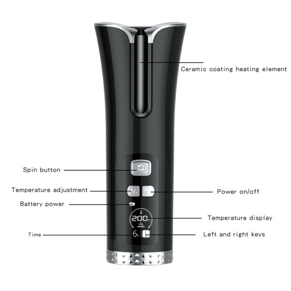 USB Charging Automatic Rotating Curling Iron Portable Wireless Travel Curling Iron(Black)
