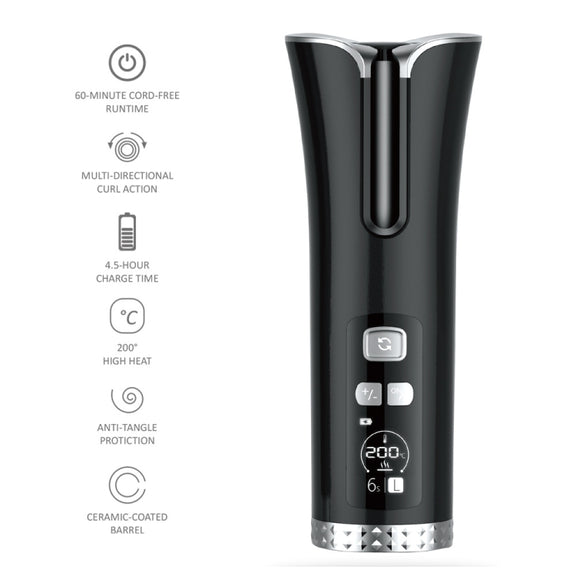 USB Charging Automatic Rotating Curling Iron Portable Wireless Travel Curling Iron(Black)