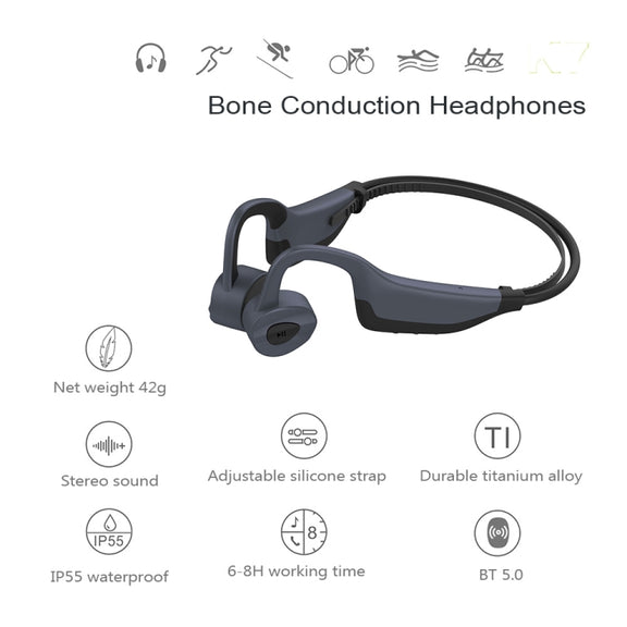 K7 Bone Conduction Bluetooth 5.0 Wireless Earphone Water-resistant Headphones 16GB RAM(Black)